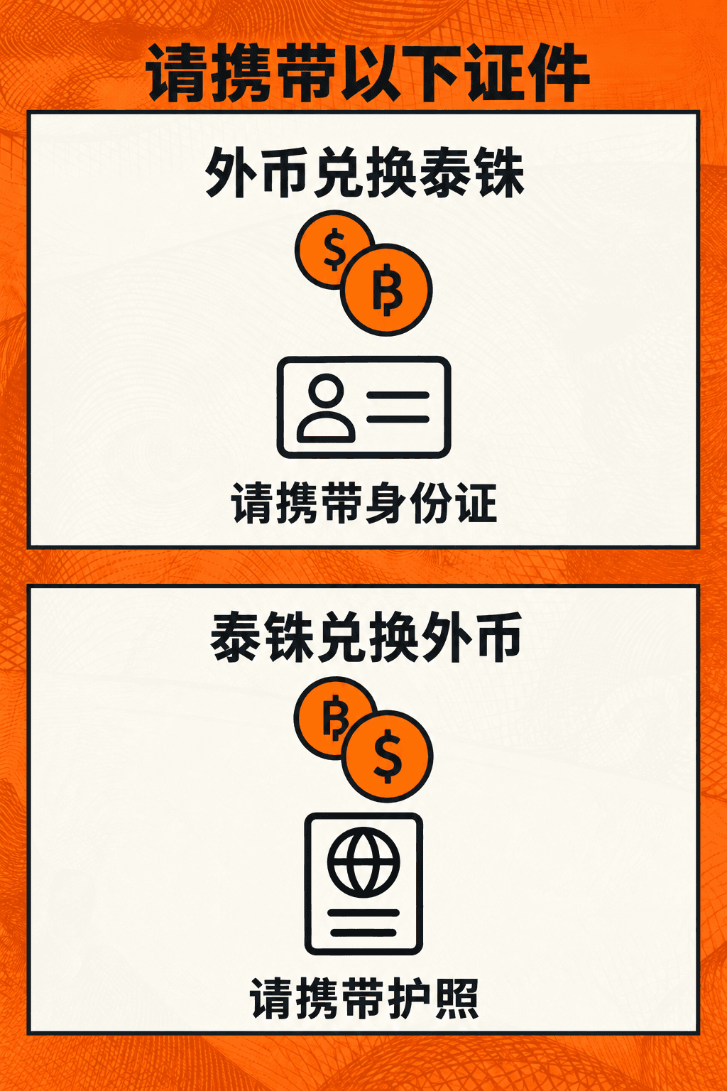 兑换需要携带哪些证件？ 泰铢兑换外币，须携带护照。
外币兑换泰铢，须携带身份证。